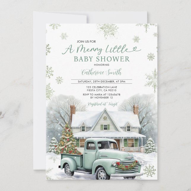 Invitación Winter A Merry Little Baby Shower Truck Snowflakes (Anverso)