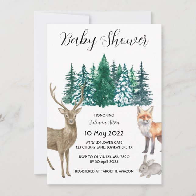 Invitación Winter Animal Forest Wonderland Baby Shower (Anverso)