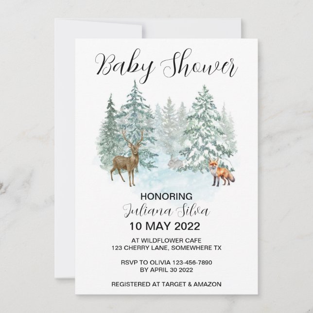 Invitación Winter Animal Forest Wonderland Baby Shower (Anverso)
