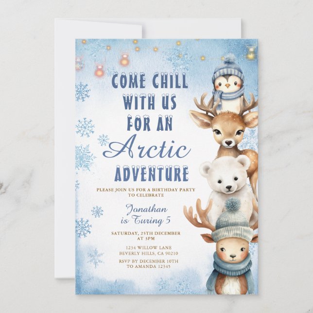 Invitación Winter Arctic Adventure 1st Birthday Animals Party (Anverso)
