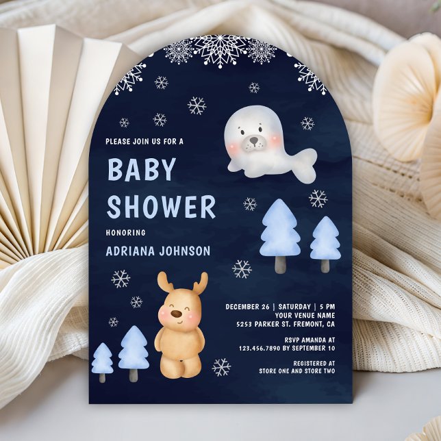Invitación Winter Arctic Animals Navy Blue Baby Shower (Subido por el creador)