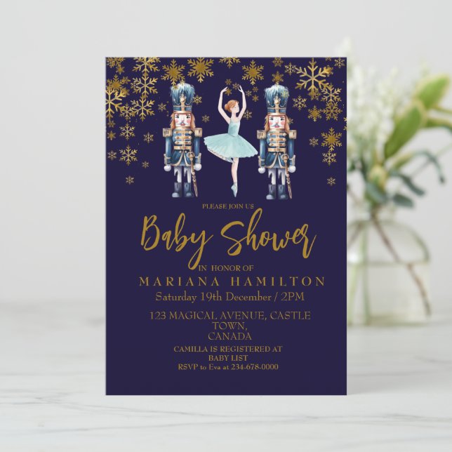 Invitación Winter Baby Boy Shower Blue Gold Copos de nieve (Anverso de pie)