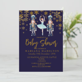 Invitación Winter Baby Boy Shower Blue Gold Copos de nieve