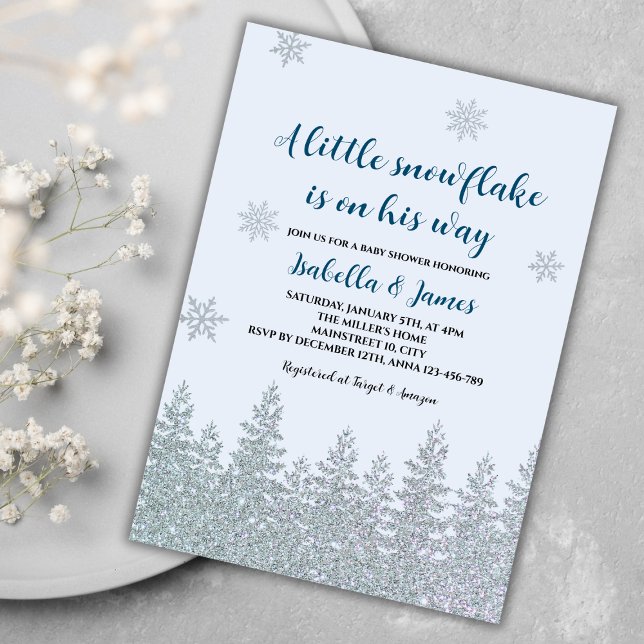 Invitación Winter Baby Boy Shower Woodland Little Snowflake (winter baby boy shower invitation blue woodland silver glitter little snowflake on the way)