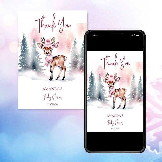 Invitación Winter baby ducha lindo ciervo rosa gracias (Winter baby shower cute deer pink thank you card editable template digital download  baby it's cold)