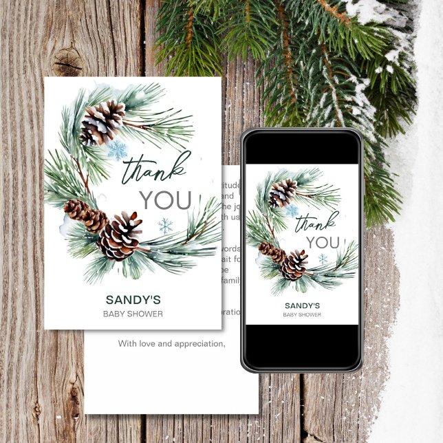 Invitación Winter baby ducha wreath wreath de agradecimiento  (Winter baby baby shower pine wreath editable template thank you card digital download baby it's cold)