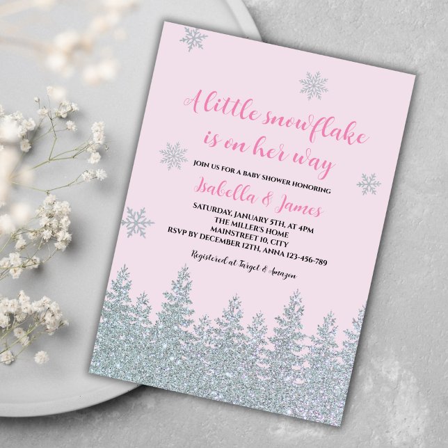 Invitación Winter Baby Girl Shower Woodland Little Snowflake (winter baby girl shower invitation pink woodland silver glitter little snowflake on the way)