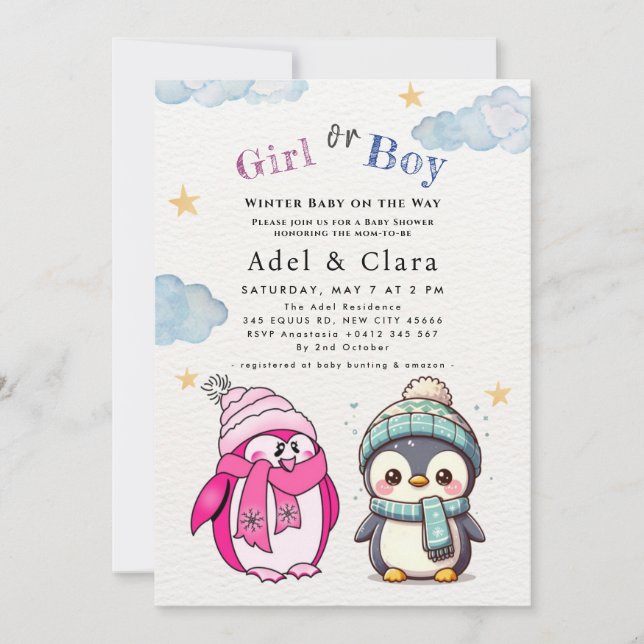 Invitación Winter Baby on the Way Winter Penguin Baby Shower  (Anverso)