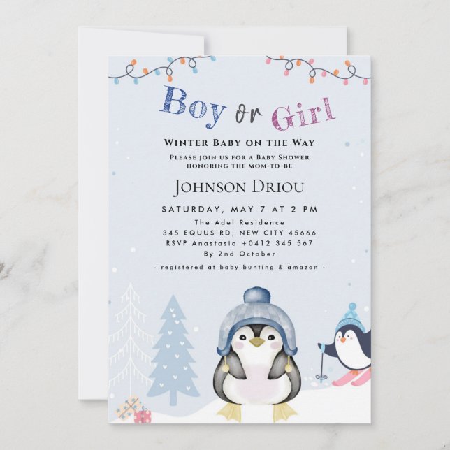 Invitación Winter Baby on the Way Winter Penguin Baby Shower  (Anverso)