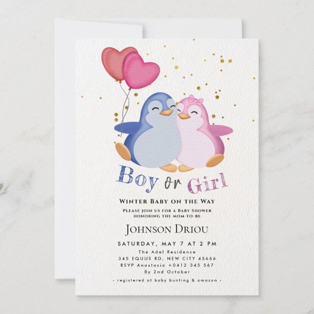 Invitación Winter Baby on the Way Winter Penguin Baby Shower  (Anverso)