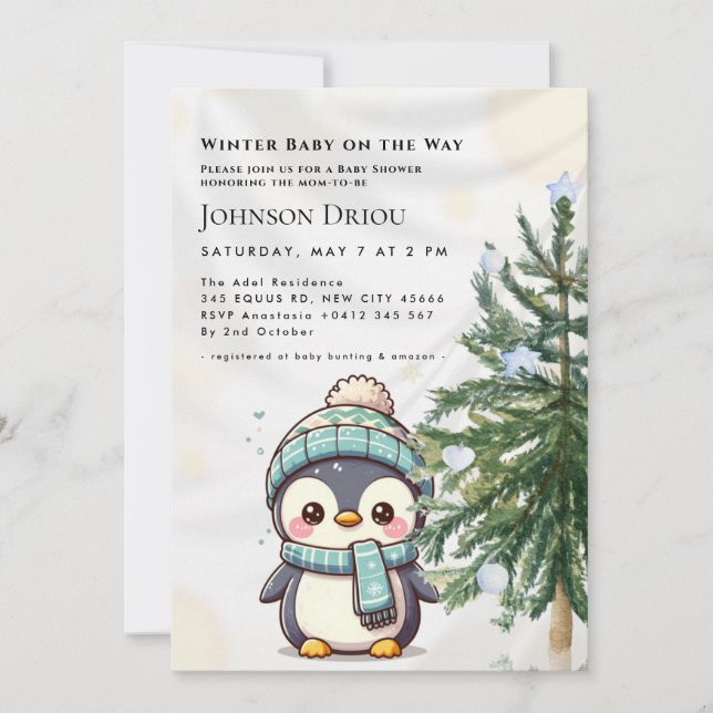 Invitación Winter Baby on the Way Winter Penguin Baby Shower  (Anverso)