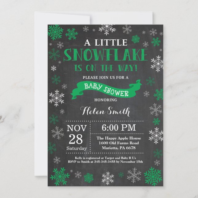 Invitación Winter Baby Shower Green Snowflake Chalkboard (Anverso)