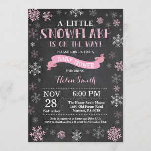 Invitación Winter Baby Shower Pink Snowflake Chalkboard