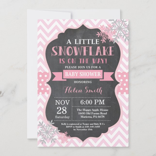 Invitación Winter Baby Shower Pink Snowflake Chalkboard (Anverso)