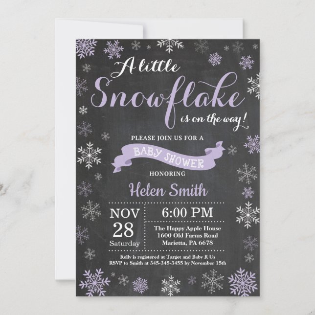 Invitación Winter Baby Shower Purple Snowflake Chalkboard (Anverso)