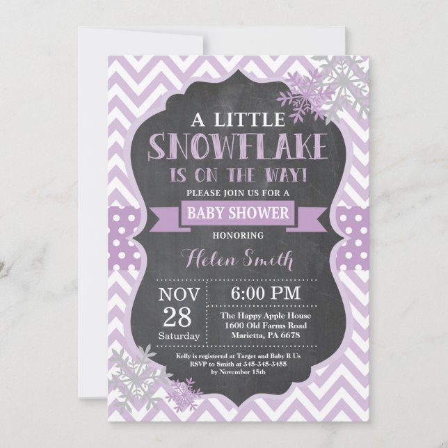 Invitación Winter Baby Shower Purple Snowflake Chalkboard (Anverso)