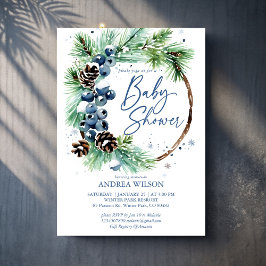Invitación Winter baby shower snowy pines wreath dusty blue