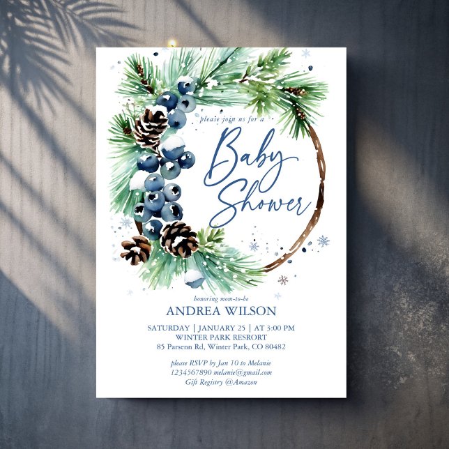 Invitación Winter baby shower snowy pines wreath dusty blue (Winter baby shower snowy pines wreath dusty blue berries invitation cards template)
