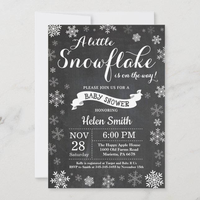 Invitación Winter Baby Shower White Snowflake Chalkboard (Anverso)