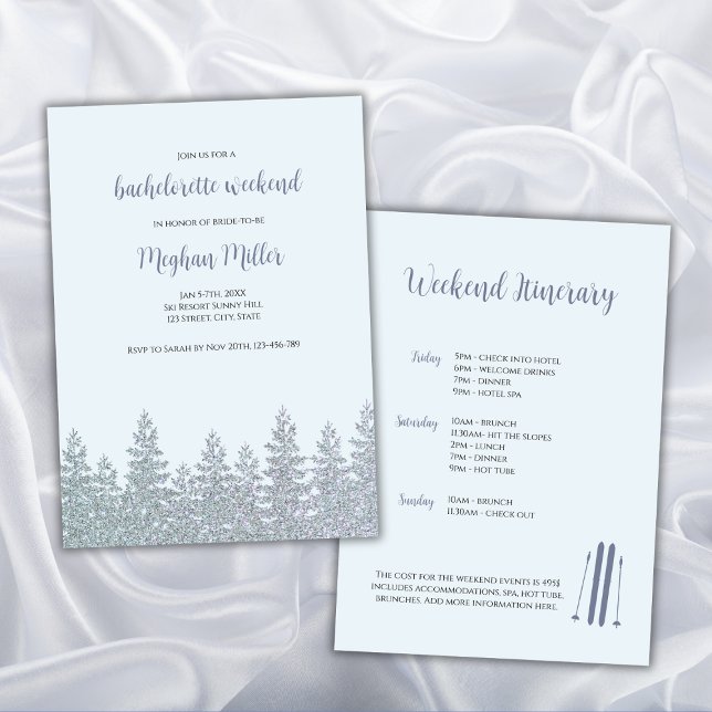 Invitación Winter Bachelorette Ski Weekend Itinerary (winter bachelorette invitation ski bachelorette snow glitter)