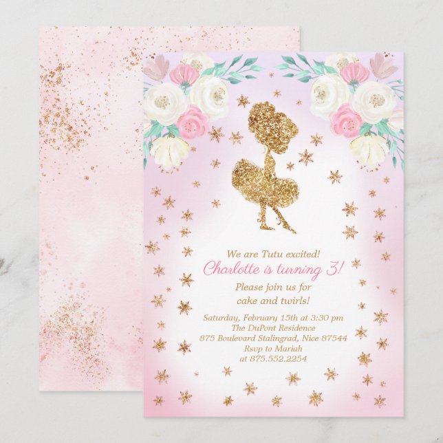 Invitación Winter Ballerina Purpurina Birthday (Anverso / Reverso)