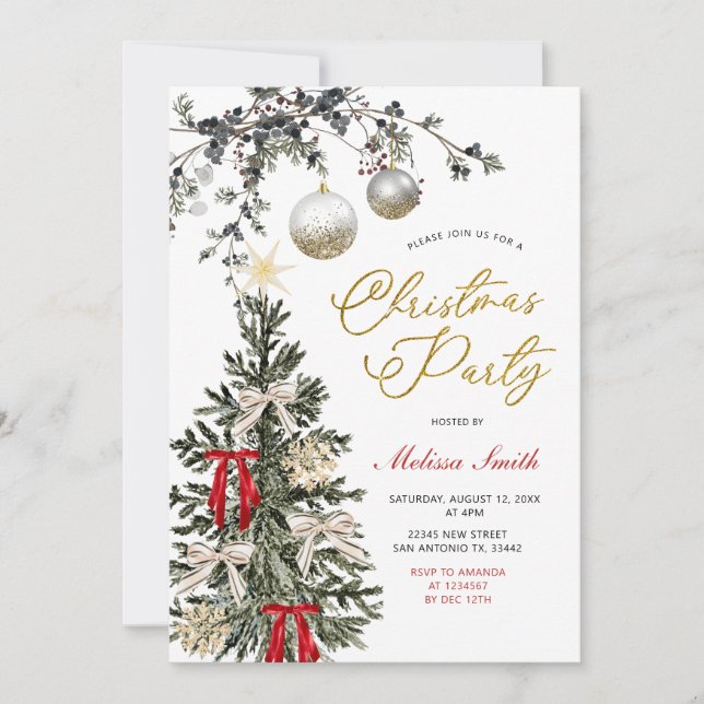 Invitación Winter Baubles Red Bow Star Christmas Tree Party (Anverso)