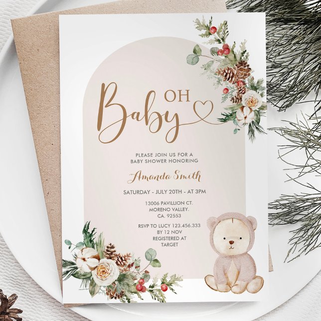 Invitación Winter Bear Berries Snowflakes Baby Shower (Subido por el creador)