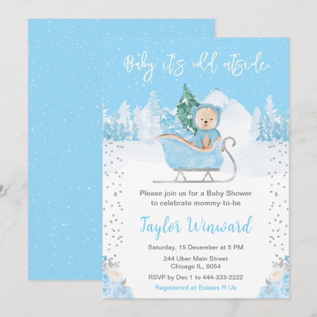 Invitación Winter Bear Blue Sleigh Baby Shower (Anverso / Reverso)