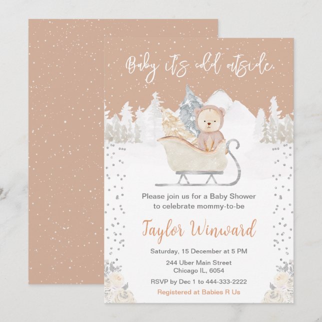 Invitación Winter Bear Brown Sleigh Baby Shower (Anverso / Reverso)