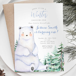 Invitación Winter Bear Forest Rústica Onederland 1er cumpleañ