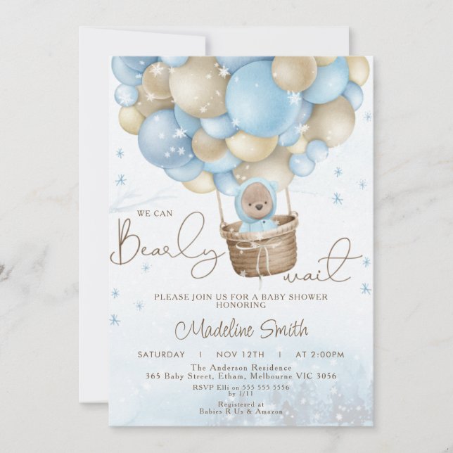 Invitación Winter Bear Hot Air Balloon Bearly Baby Shower (Anverso)