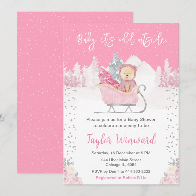 Invitación Winter Bear Pink Sleigh Baby Shower (Anverso / Reverso)