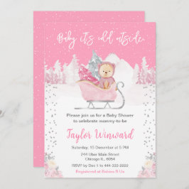 Invitación Winter Bear Pink Sleigh Baby Shower