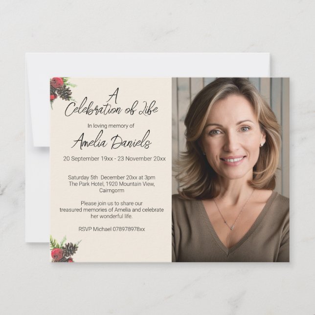 Invitación Winter Berries & Pine Cone Celebration of Life  (Anverso)