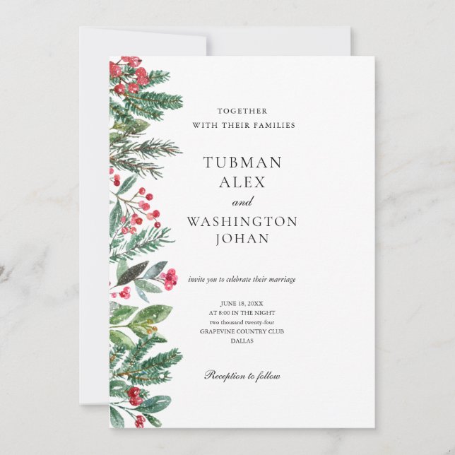 Invitación Winter Berries Pine Cone Greenery Boda (Anverso)