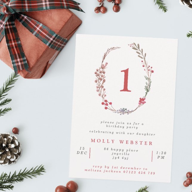 Invitación Winter Berries Wreath Chica primer Fiesta de cumpl (Subido por el creador)
