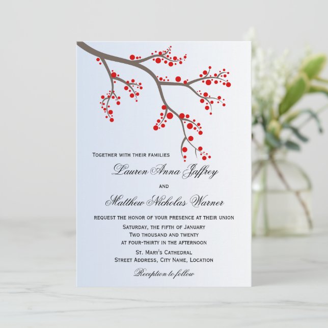 Invitación Winter Berry Branch Boda (Anverso de pie)