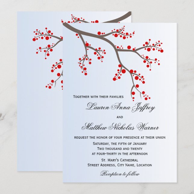 Invitación Winter Berry Branch Boda (Anverso / Reverso)