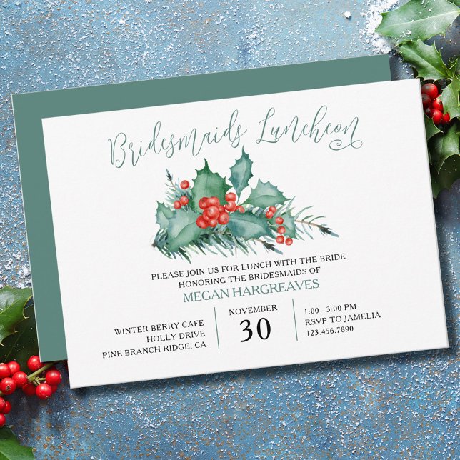 Invitación Winter Berry Holly y Pine Bridesmaids Luncheon (Subido por el creador)