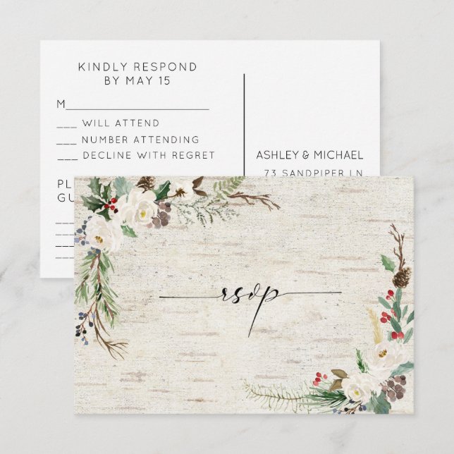 Invitación Winter Birch Caligraphy Botanicals Wedding RSVP (Anverso / Reverso)