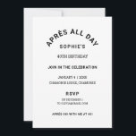Invitación Winter Black Après All Day 40th Birthday Fiesta<br><div class="desc">Après All Day, invitación a la fiesta de esquí de 40 cumpleaños negro de invierno. Personalice con sus propios detalles de eventos. Perfecto para una excursión de 40 años o para un fiesta de 40 años dedicado al esquí Après. Diseñado para coincidir con nuestra colección Après Ski With Me Winter...</div>