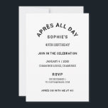Invitación Winter Black Après All Day 40th Birthday Fiesta<br><div class="desc">Après All Day, invitación a la fiesta de esquí de 40 cumpleaños negro de invierno. Personalice con sus propios detalles de eventos. Perfecto para una excursión de 40 años o para un fiesta de 40 años dedicado al esquí Après. Diseñado para coincidir con nuestra colección Après Ski With Me Winter...</div>