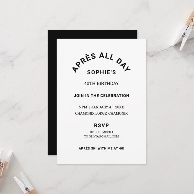 Invitación Winter Black Après All Day 40th Birthday Ski Theme (Anverso/Reverso In Situ)