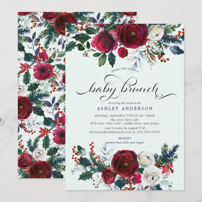 Invitación Winter Bloom Floral Baby Shower Brunch (Anverso / Reverso)