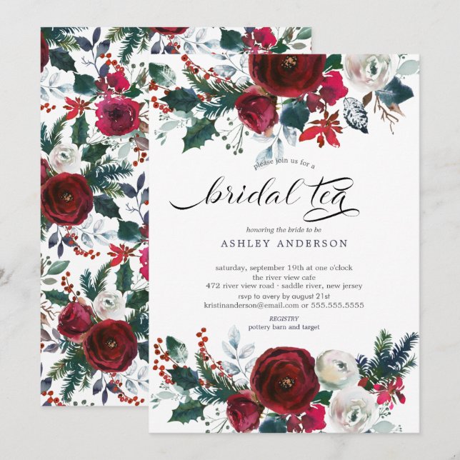 Invitación Winter Bloom Floral Bridal Shower Bridal Té de nov (Anverso / Reverso)