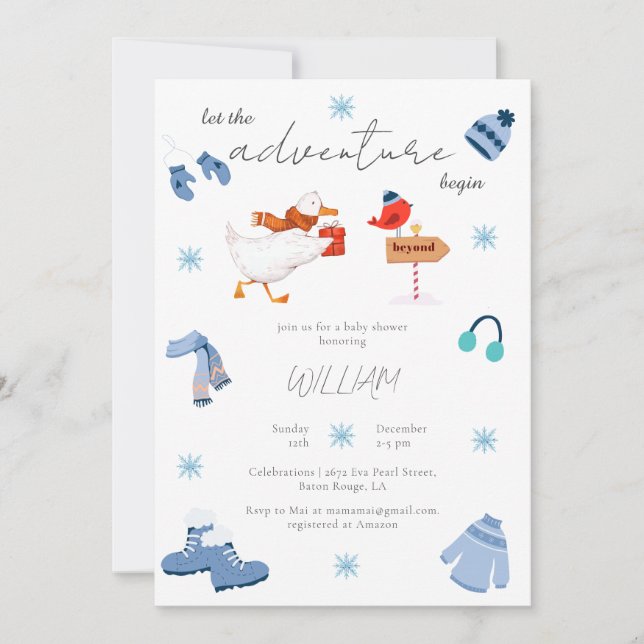 Invitación Winter Blue Adventure empieza Baby Shower (Anverso)