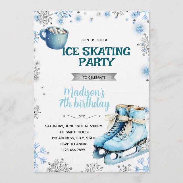 Invitación Winter Blue and Silver Skating Invitation (Anverso)