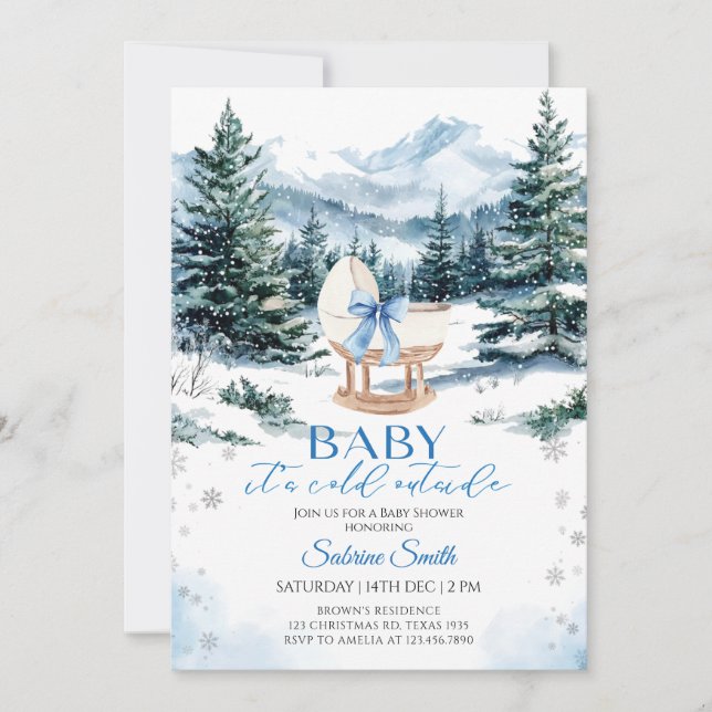 Invitación Winter Blue Bow Cradle Baby Shower (Anverso)