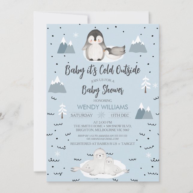 Invitación Winter Blue Boys Arctic Animals Baby Shower (Anverso)