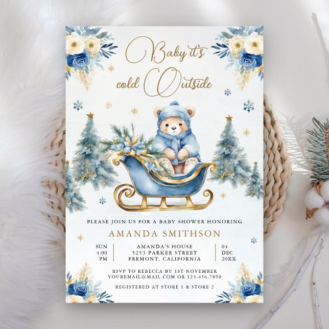 Invitación Winter Blue Gold Floral Teddy Bear Baby Shower (Subido por el creador)